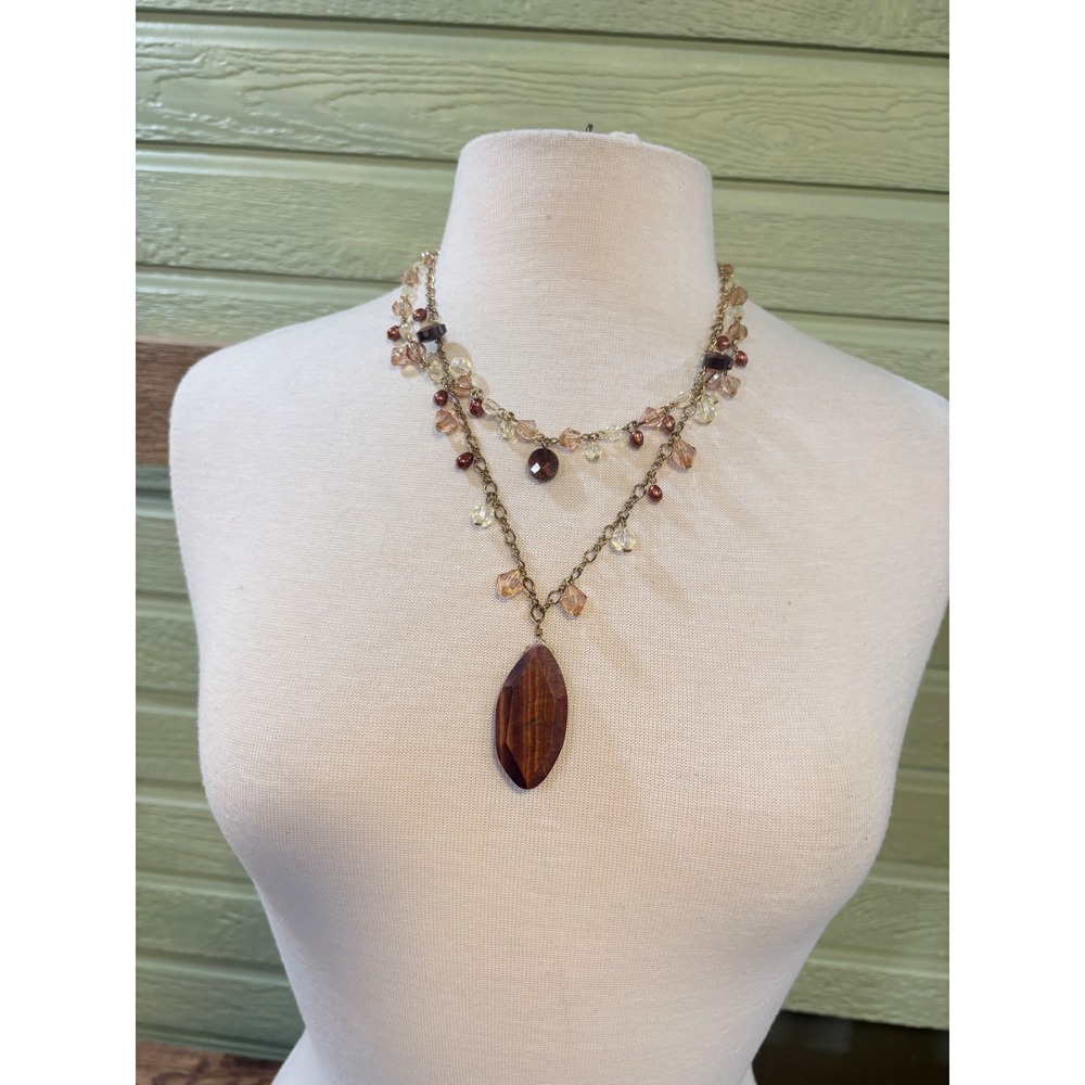 Multi Strand Gold Tone Pendant Necklace Peach Cream Brown Elegant Earthy Boho